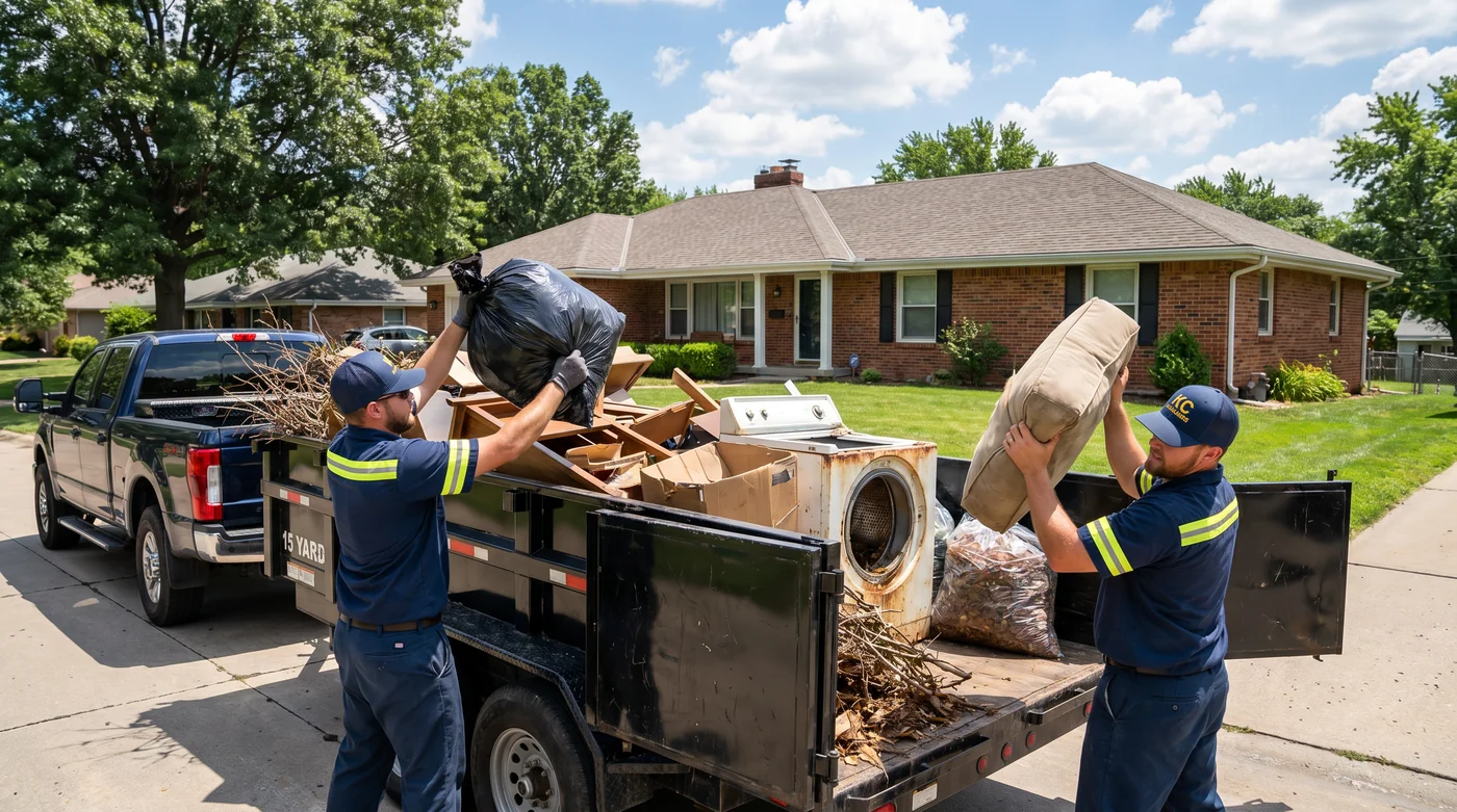 Trash It KC crew loading trash into a 15-yard dump trailer in Kansas City